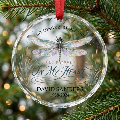 Personalized Dragonfly Memorial No Longer By My Side Round Glass Ornament