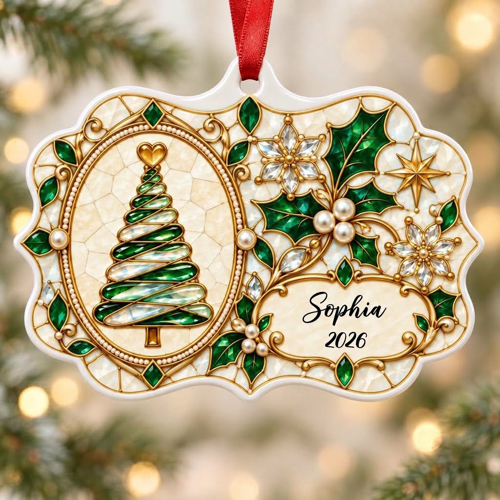 Scalloped ceramic ornament with emerald swirl tree, gold filigree, pearl accents, and a name-and-year cartouche.