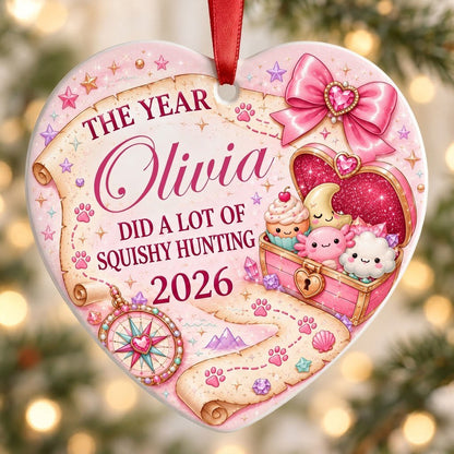 Heart ceramic ornament with a pastel treasure map, pink bow, compass, and a kawaii squishy-filled treasure chest.