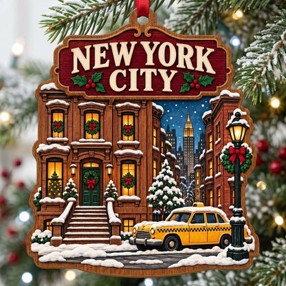 Custom-cut wood ornament with New York City brownstone, yellow taxi, street lamp, and snowy skyline with the Empire Stat