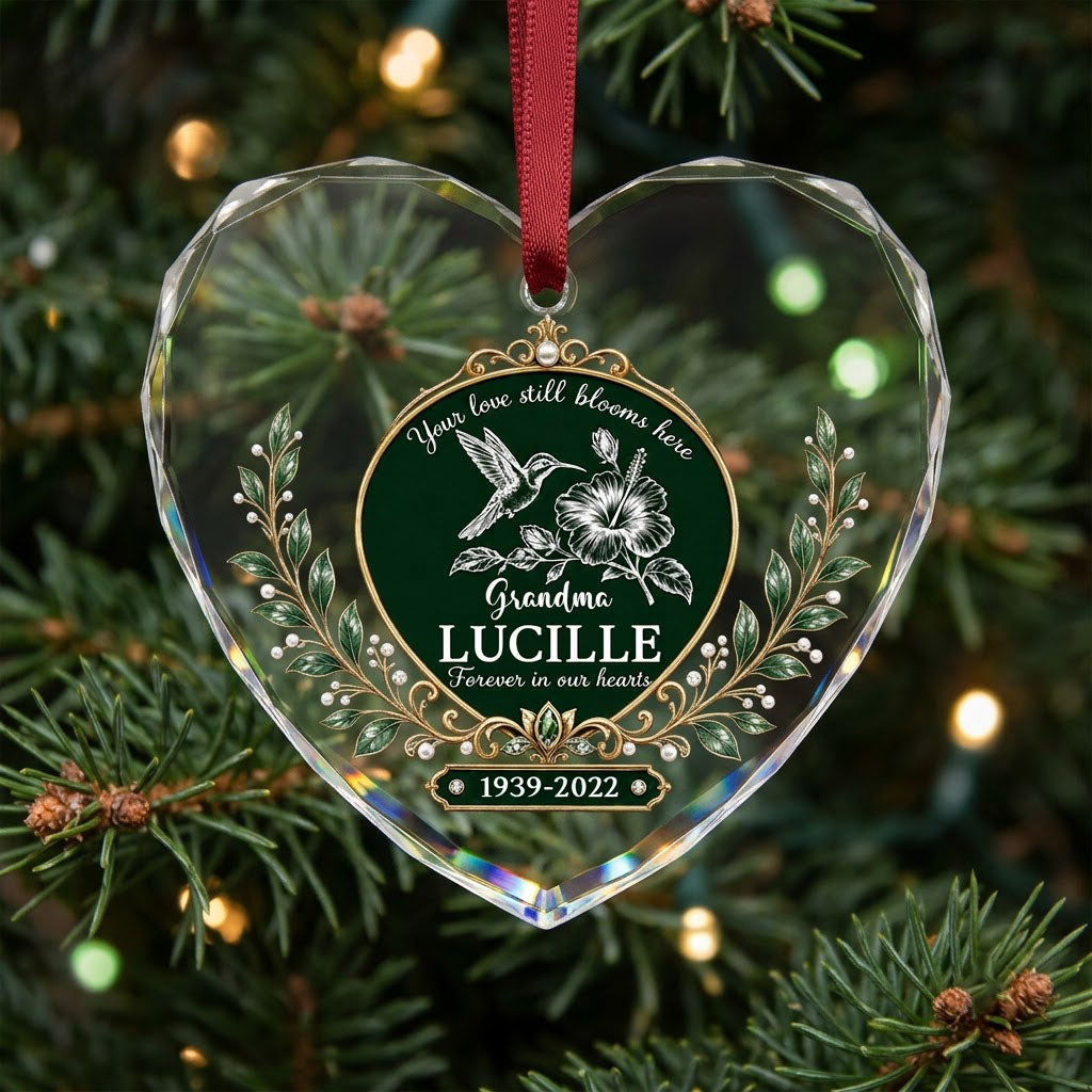 Personalized Hummingbird Memorial Your Love Still Blooms Here Emerald Heart Glass Ornament