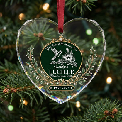 Personalized Hummingbird Memorial Your Love Still Blooms Here Emerald Heart Glass Ornament