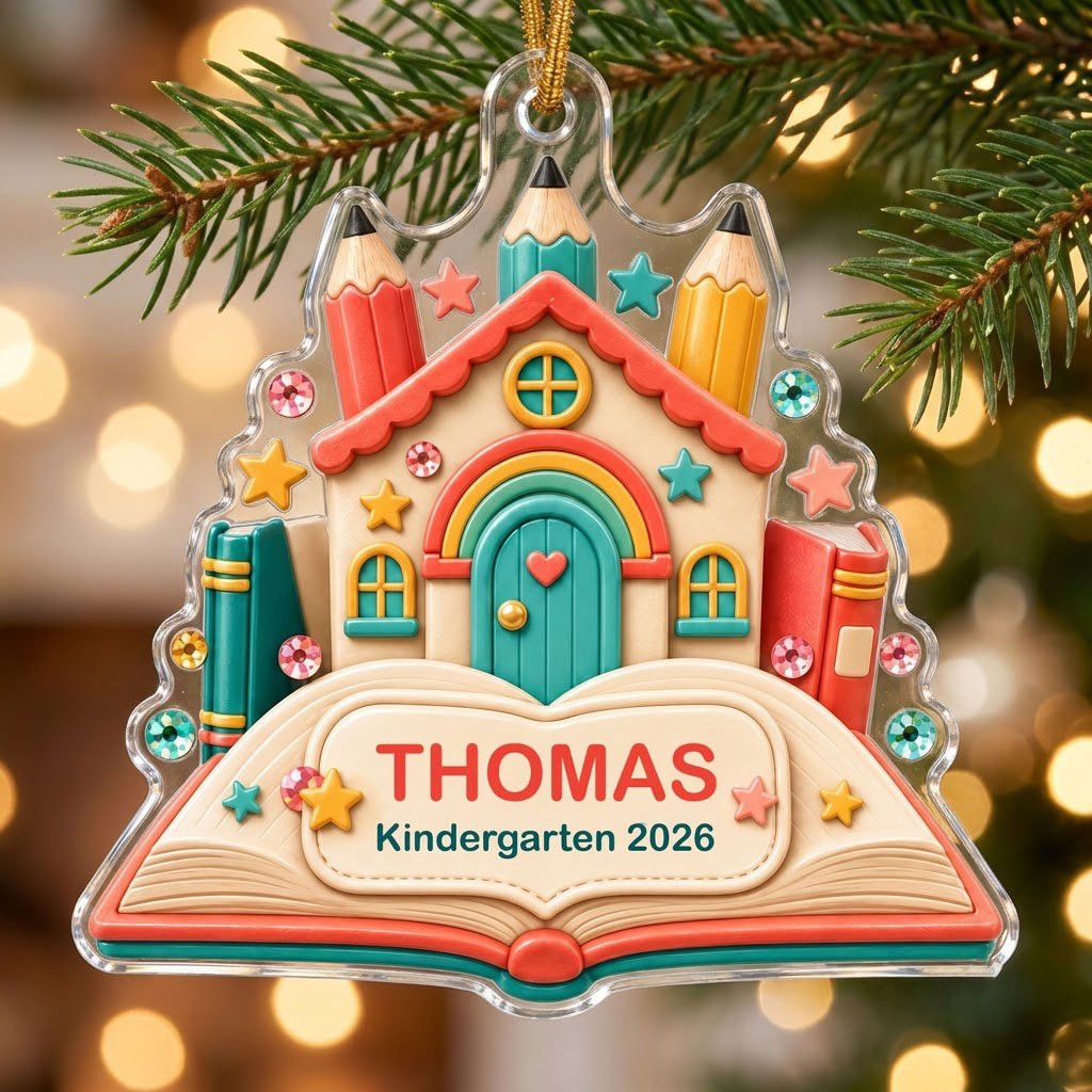 Clay-style schoolhouse on an open book with pencils and stars, personalized with child's name and Kindergarten 2026