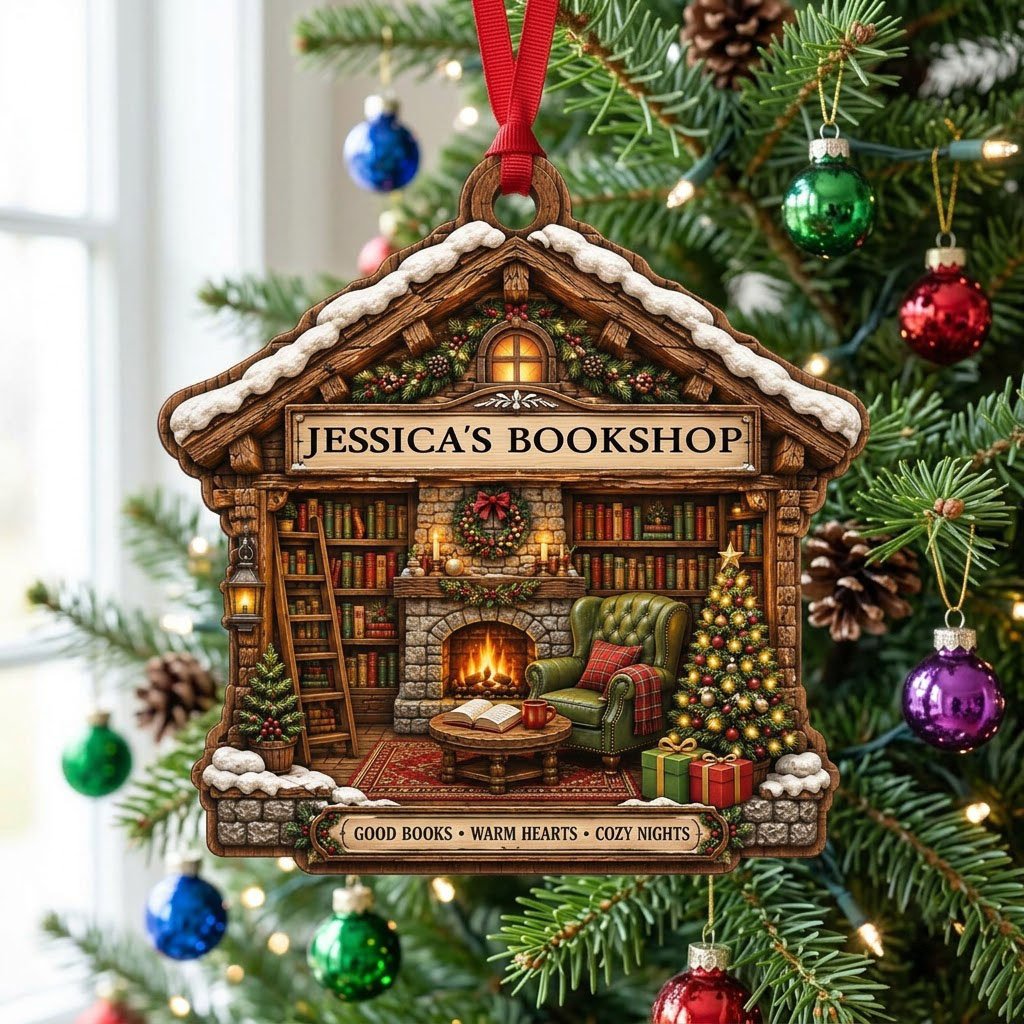 House-shaped wood ornament with cozy bookshop scene, fireplace, bookshelves, and a lit Christmas tree.