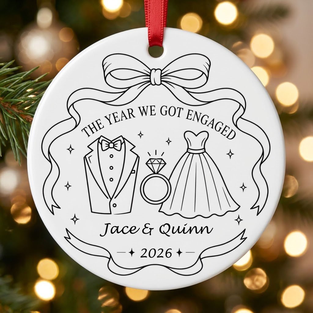 Round white ceramic ornament with black line art of bow, tuxedo, ring, dress, and THE YEAR WE GOT ENGAGED banner.