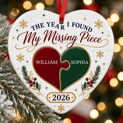 Heart ceramic ornament with red and green interlocking puzzle heart, gold snowflakes and stars, pine sprigs, and custom 
