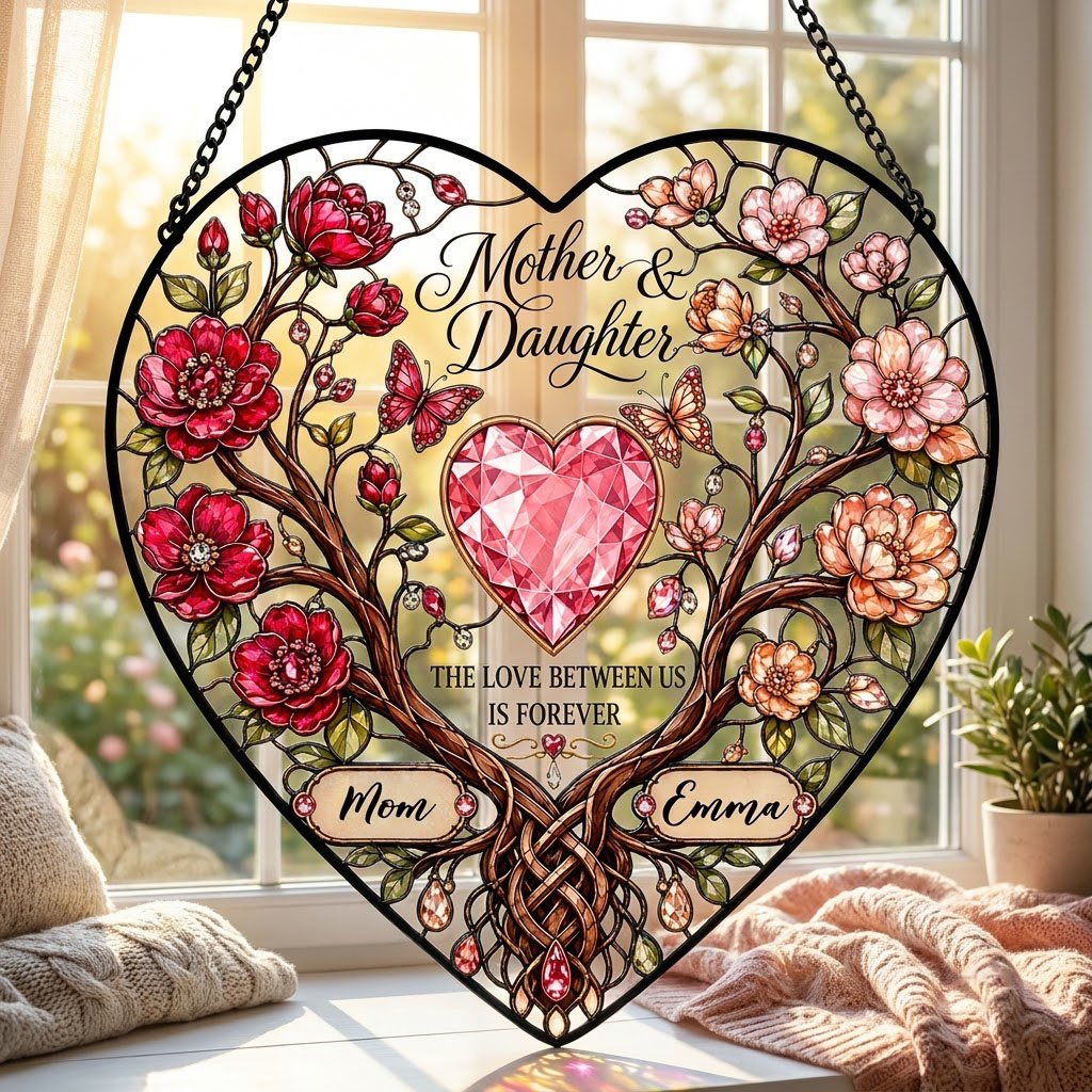 Heart-shaped stained-glass style suncatcher with intertwined trees, red and pink flowers, butterflies, and a pink gem he