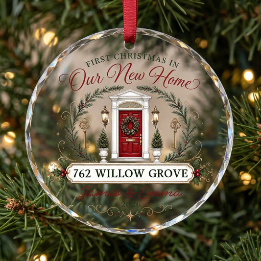 Personalized First Christmas in Our New Home Front Door Keys Round Glass Ornament