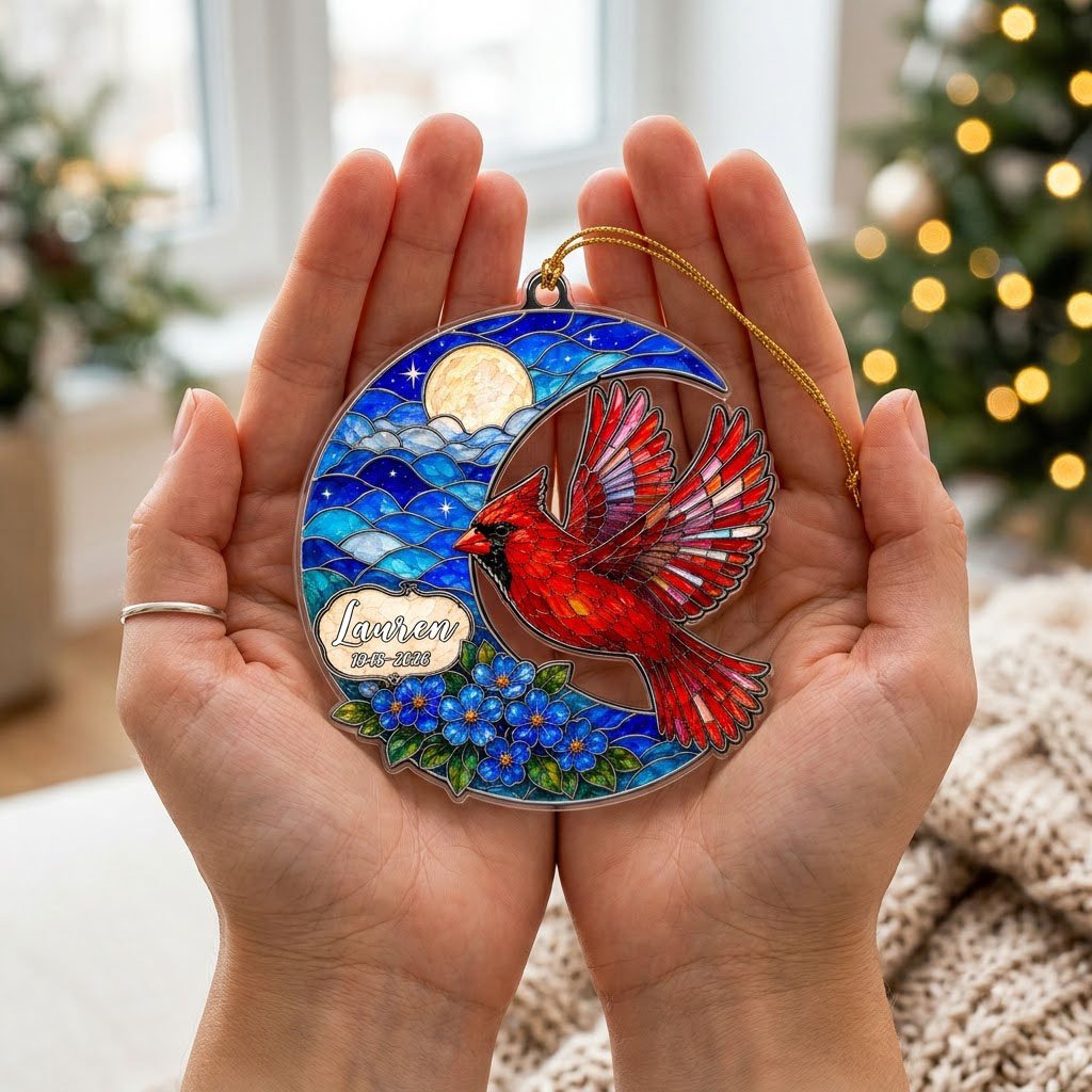 Personalized Red Cardinal Crescent Moon Memorial Acrylic Ornament