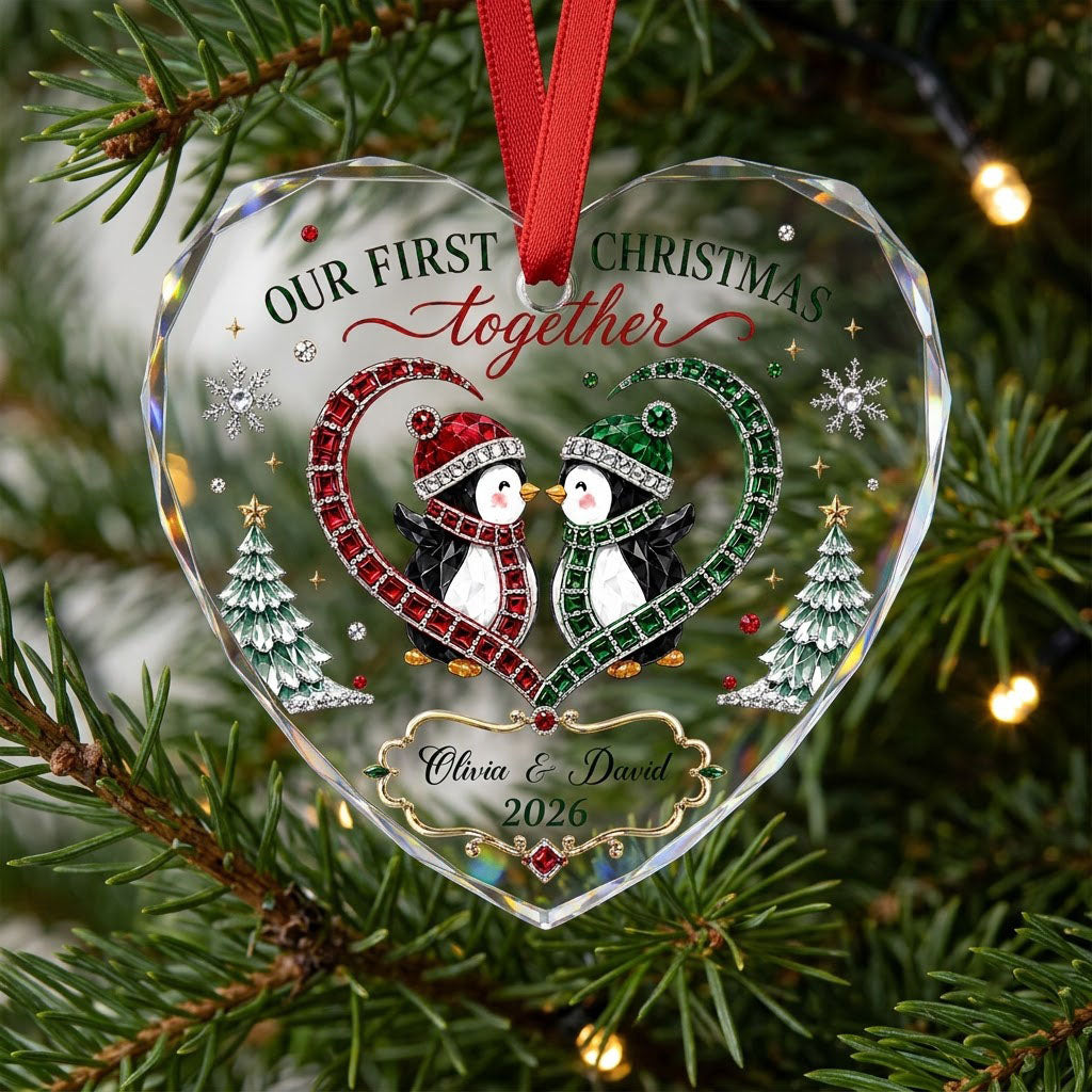 Heart-shaped stained glass suncatcher with two penguins in red and green scarves, jeweled trees, and silver snowflakes