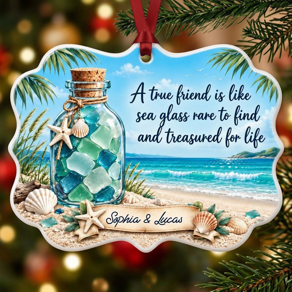 Ornate medallion ceramic ornament with sea glass jar, beach scene, palm branches and a friendship quote for two names.