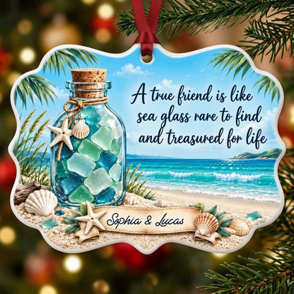 Ornate medallion ceramic ornament with sea glass jar, beach scene, palm branches and a friendship quote for two names.