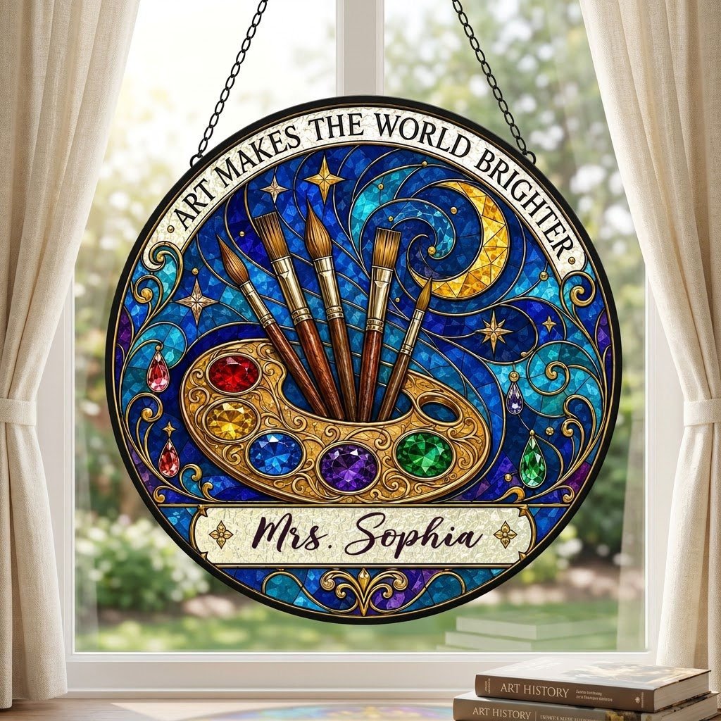 Round stained-glass suncatcher with golden palette, five brushes, moon, and 'Art Makes the World Brighter'.