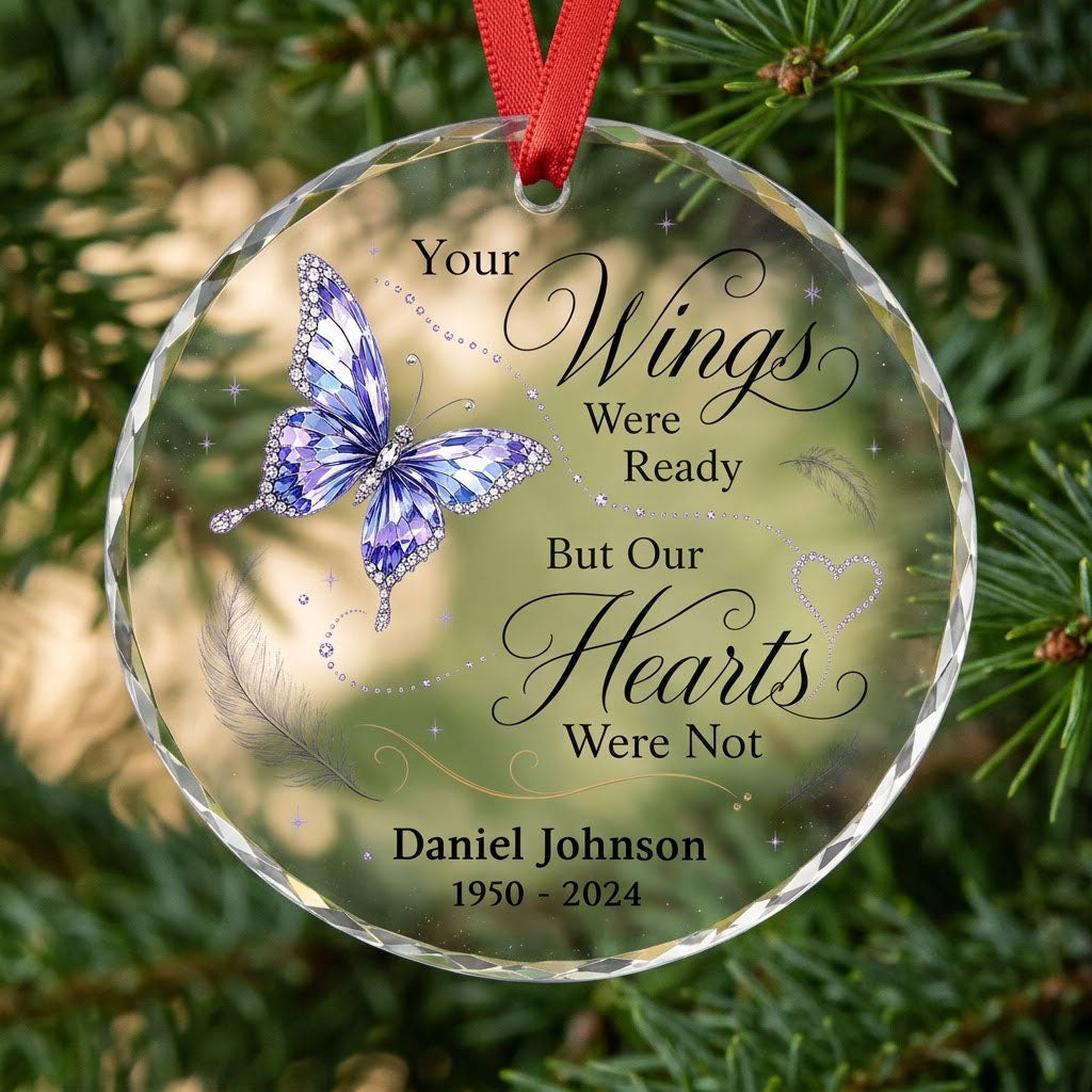 Personalized Butterfly Memorial Your Wings Were Ready Crystal Heart Glass Ornament