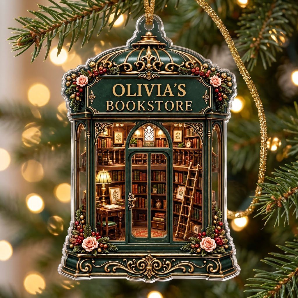 Green and gold ornate acrylic ornament with roses and a cozy bookstore interior reading OLIVIA'S BOOKSTORE.