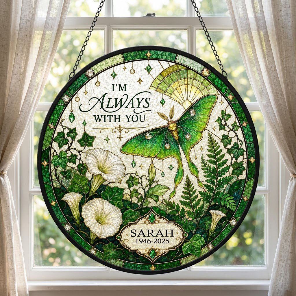 Personalized Luna Moth Memorial I'm Always With You Botanical Stained Glass Round Suncatcher