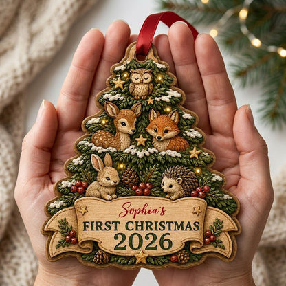 Personalized Woodland Animals Tree Baby's First Christmas Wood Ornament