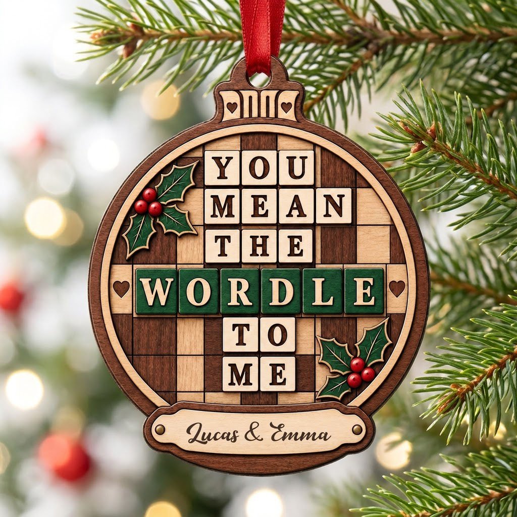 Bauble wood ornament with 'You Mean The Wordle To Me', green WORDLE tiles, holly and personalized names