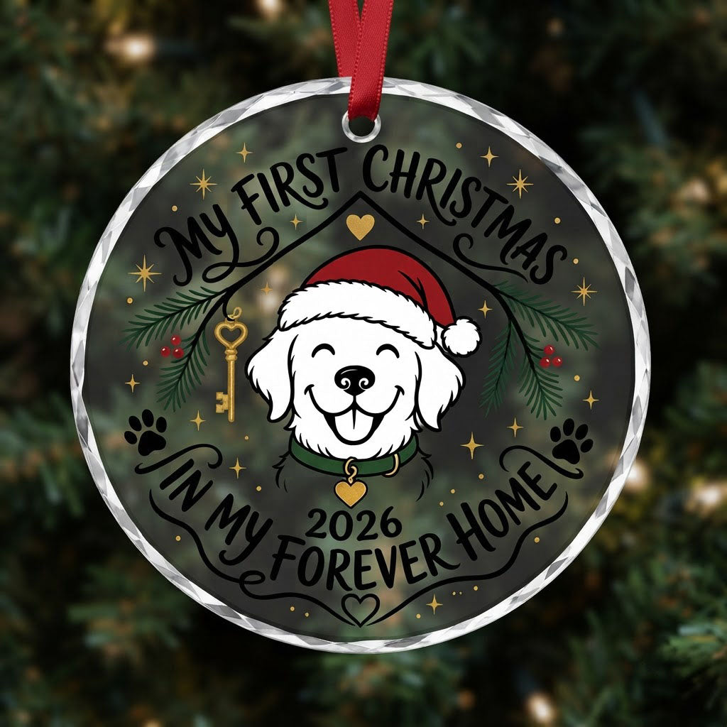 My First Christmas in My Forever Home Golden Puppy Round Glass Ornament