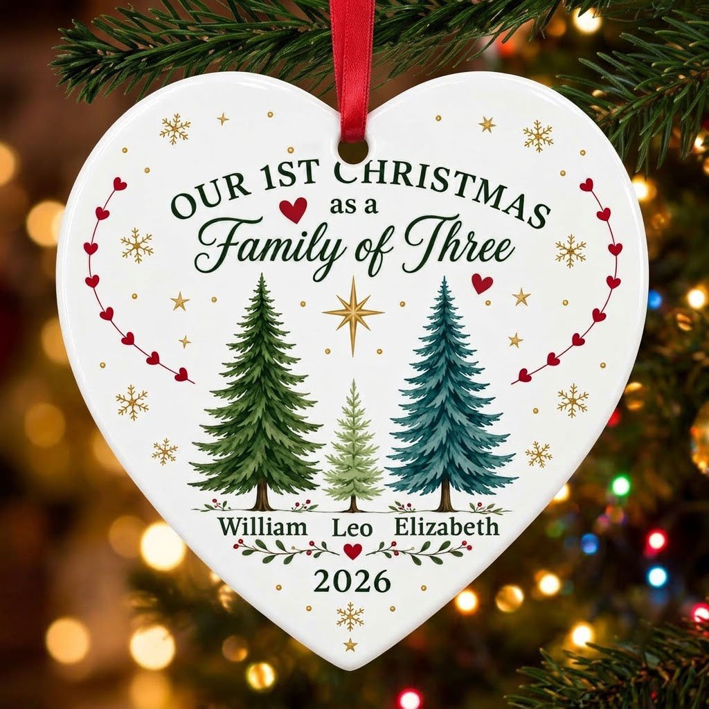 Our 1st Christmas As A Family Of Three Pine Trees - Personalized Heart Ceramic Ornament (Printed On Both Sides)