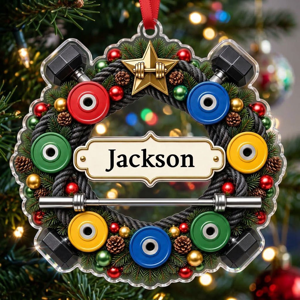 Acrylic ornament shaped around a gym wreath with dumbbells, bumper plates, barbell, and a name banner.