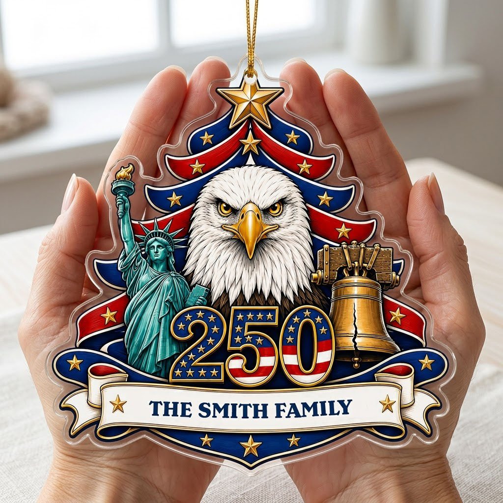 Personalized USA 250th Anniversary Tree Acrylic Ornament, Custom Patriotic American Keepsake