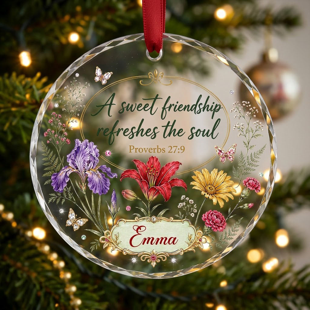 Round faceted glass ornament with florals, gold accents, butterflies, and 'A sweet friendship refreshes the soul'.