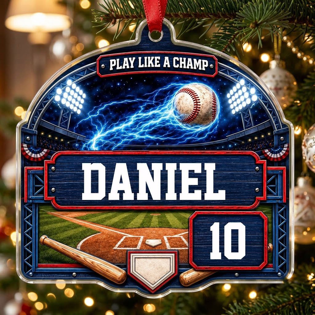Arch acrylic ornament with flaming baseball in a night stadium, blue plaque, bats, home plate, name and number.