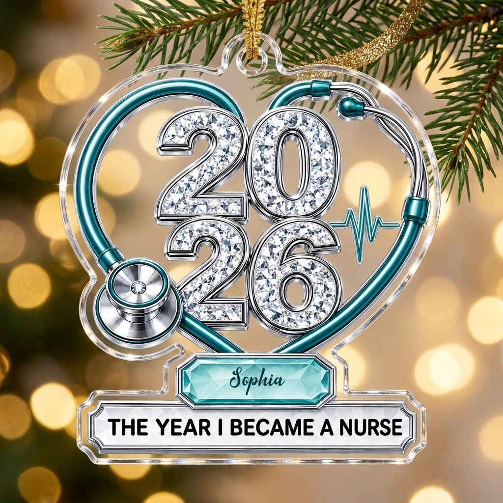Clear acrylic ornament with a teal stethoscope heart, diamond 2026 numerals, teal ECG wave, and a personalized name bann