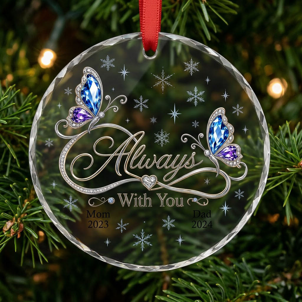 Round glass ornament with blue and purple jeweled butterflies, silver infinity heart, and light blue snowflakes.