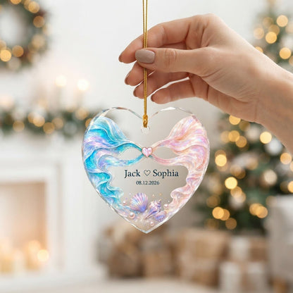 Personalized Iridescent Ribbon Seashell Heart Glass Ornament