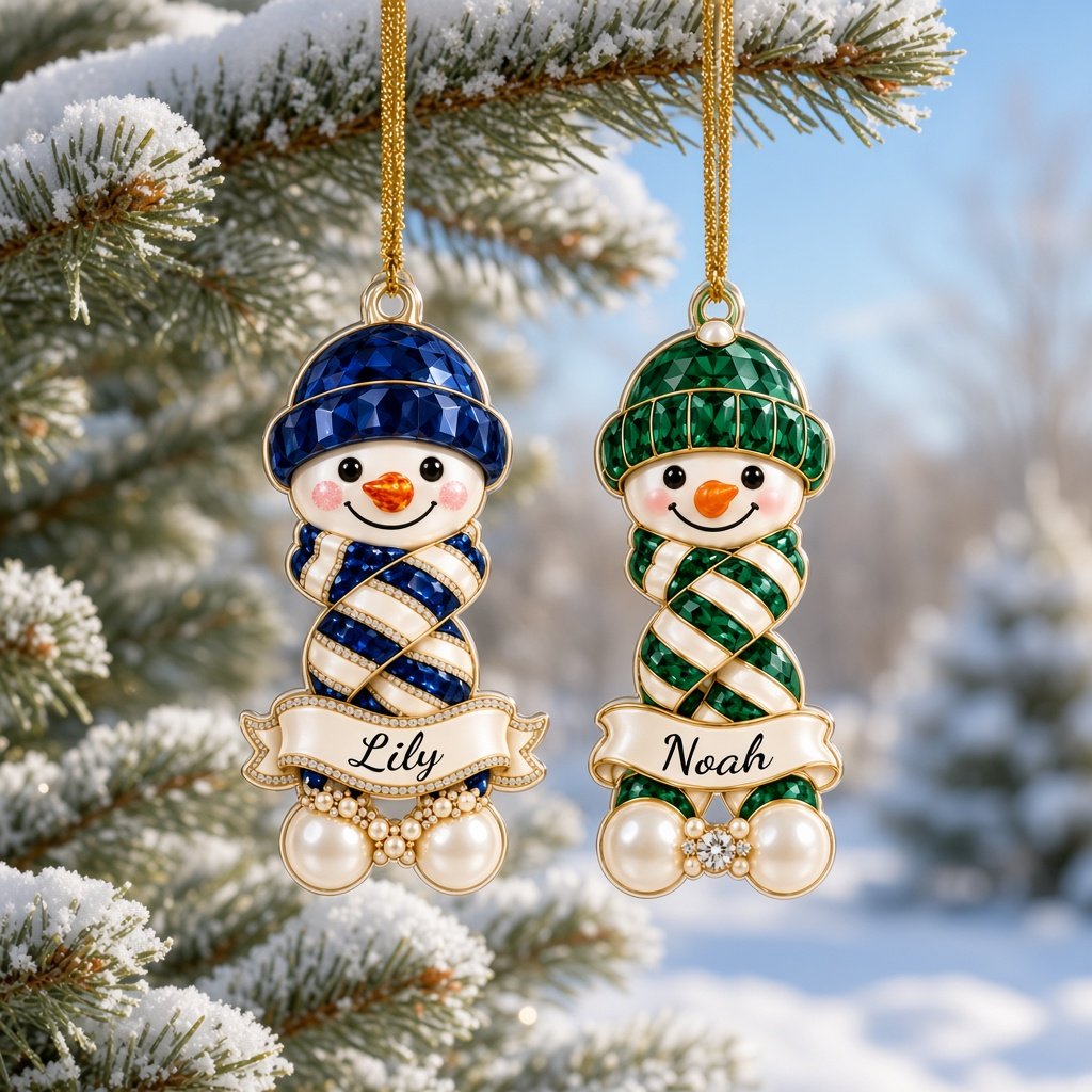Custom-cut acrylic snowman ornament with jeweled hat and scarf, name banner, and faux pearl base.