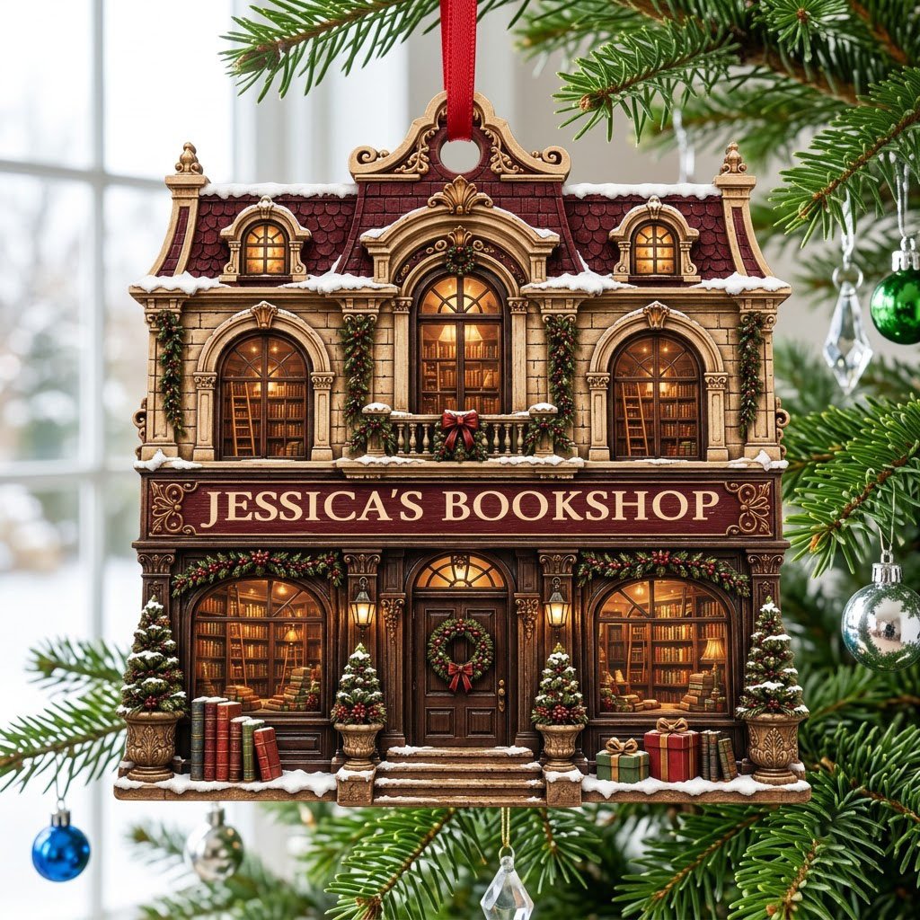 Victorian bookshop facade ornament with garlands, wreath, potted trees and 'BOOKSHOP' sign, personalized with a name.