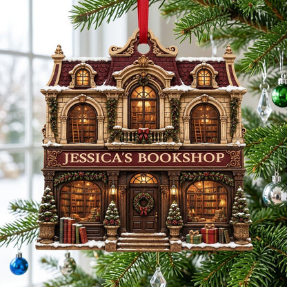 Victorian bookshop facade ornament with garlands, wreath, potted trees and 'BOOKSHOP' sign, personalized with a name.