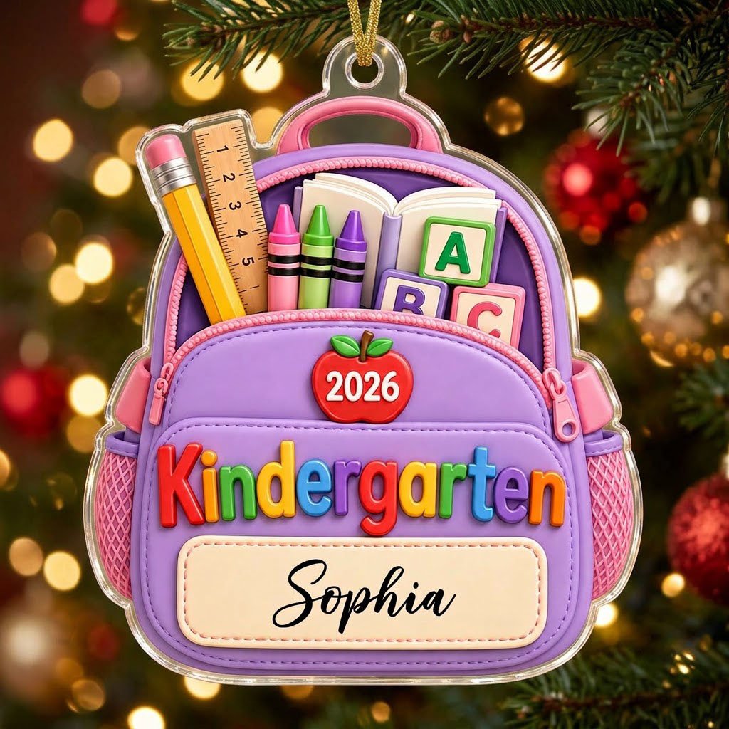 Purple backpack acrylic ornament with ABC blocks, apple, Kindergarten text, 2026 year, and a stitched name banner.