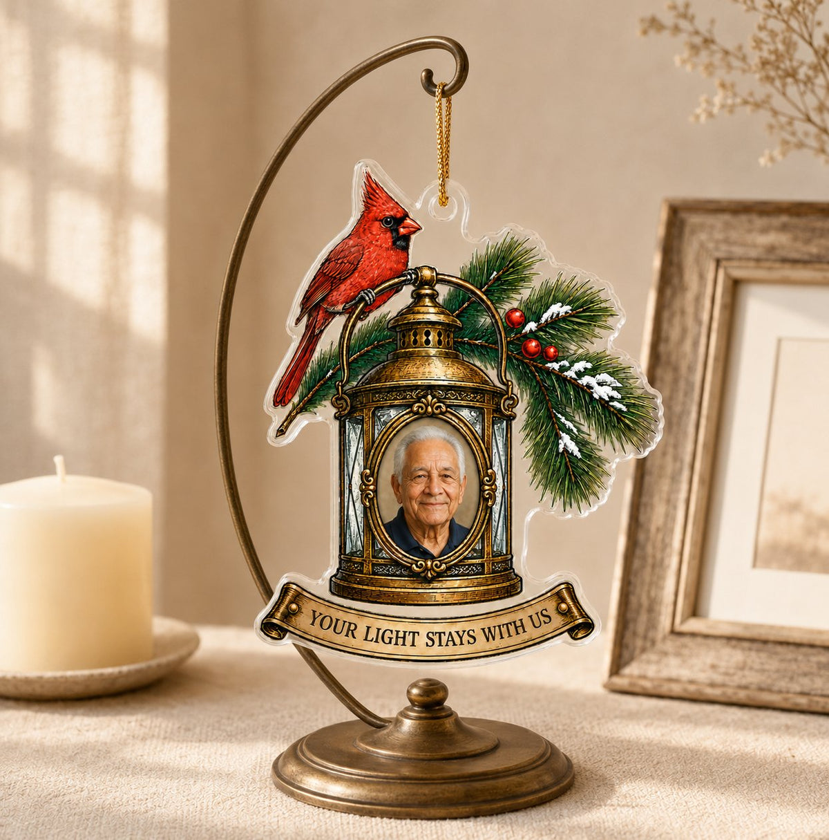 Personalized Memorial Photo Cardinal Lantern Christmas Ornament