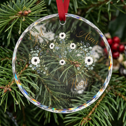 Personalized Praying Hands Botanical Cross Memorial God Has You In His Arms Round Glass Ornament