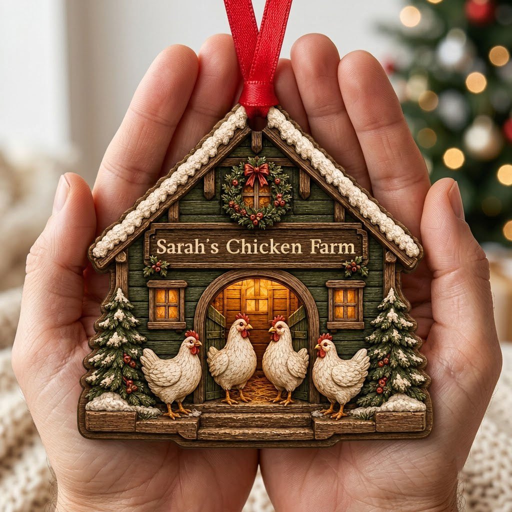 Personalized Winter Chicken Coop Wood Ornament, Custom Farmhouse Keepsake