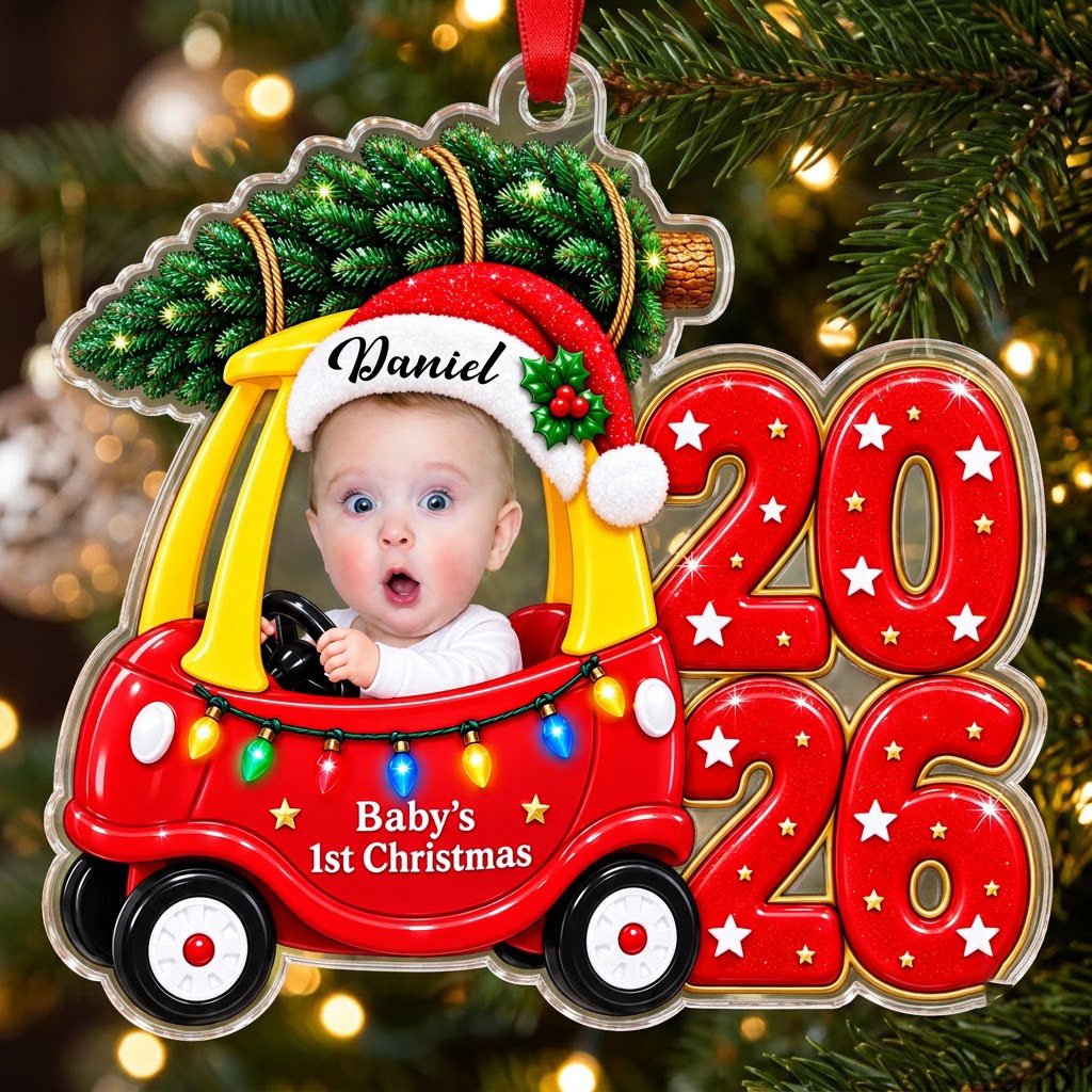 Acrylic ornament shaped like a toy car with tree, Baby's 1st Christmas text, lights, and a baby photo.