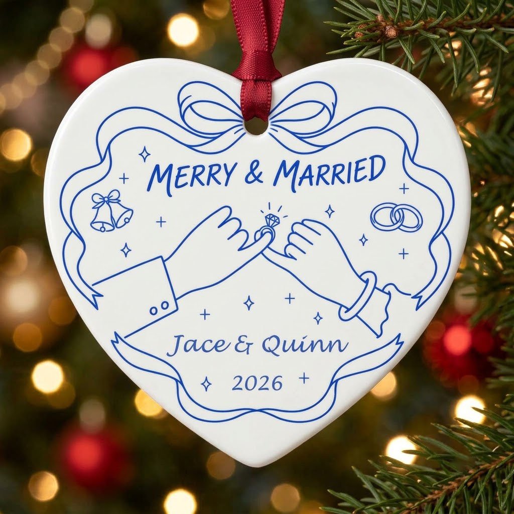 White heart ceramic ornament with blue line art: pinky promise hands, bells, rings, and MERRY & MARRIED text.