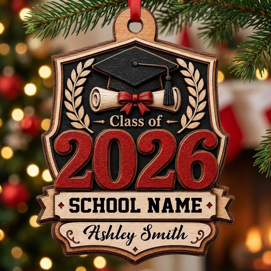 Shield-shaped wood ornament with Class of 2026, cap, diploma, laurel branches, and a personalized name and school
