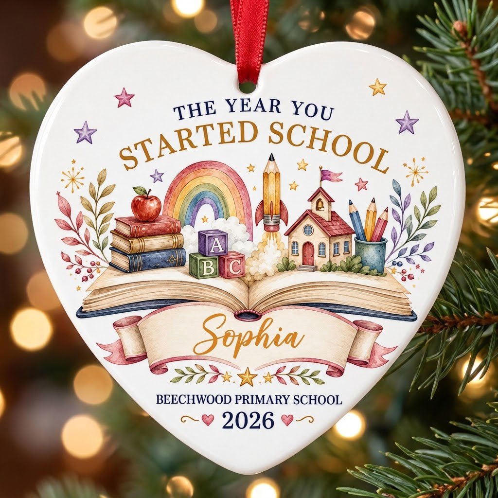 Heart ceramic ornament with an open book, rainbow, schoolhouse, ABC blocks and banner for name, school and year