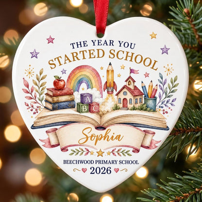 Heart ceramic ornament with an open book, rainbow, schoolhouse, ABC blocks and banner for name, school and year