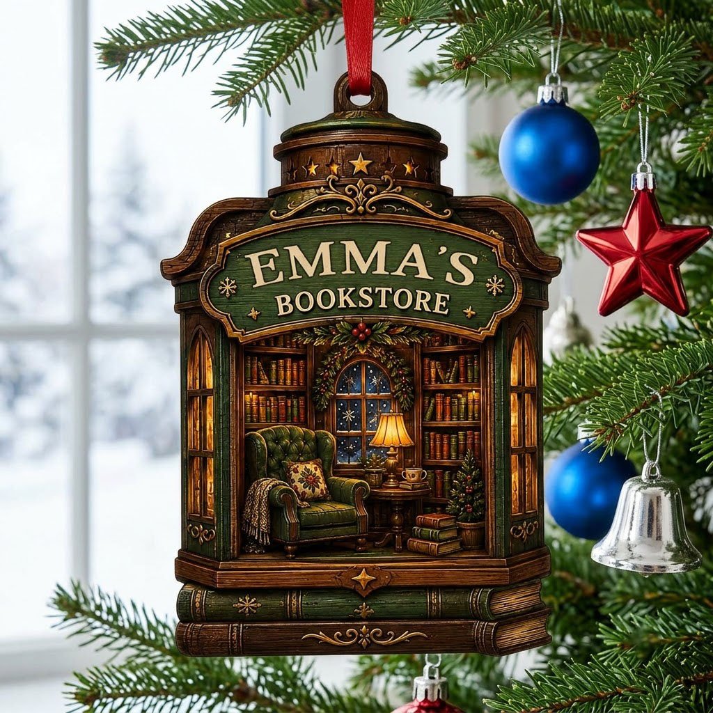 Custom-cut wood ornament like a vintage bookstore with a cozy library scene and a green BOOKSTORE sign.
