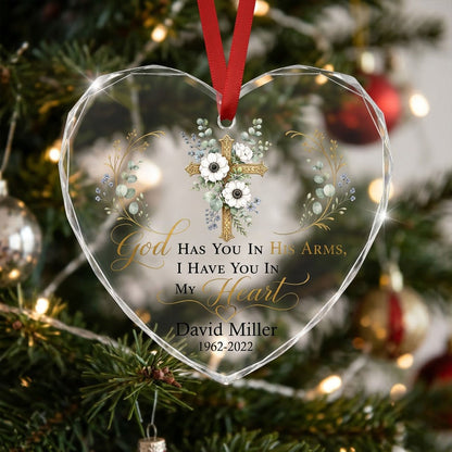 Personalized Botanical Gold Cross Memorial God Has You In His Arms Heart Glass Ornament