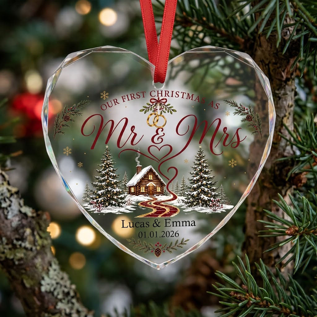 Personalized Our First Christmas as Mr & Mrs Winter Cabin Ribbon Heart Glass Ornament