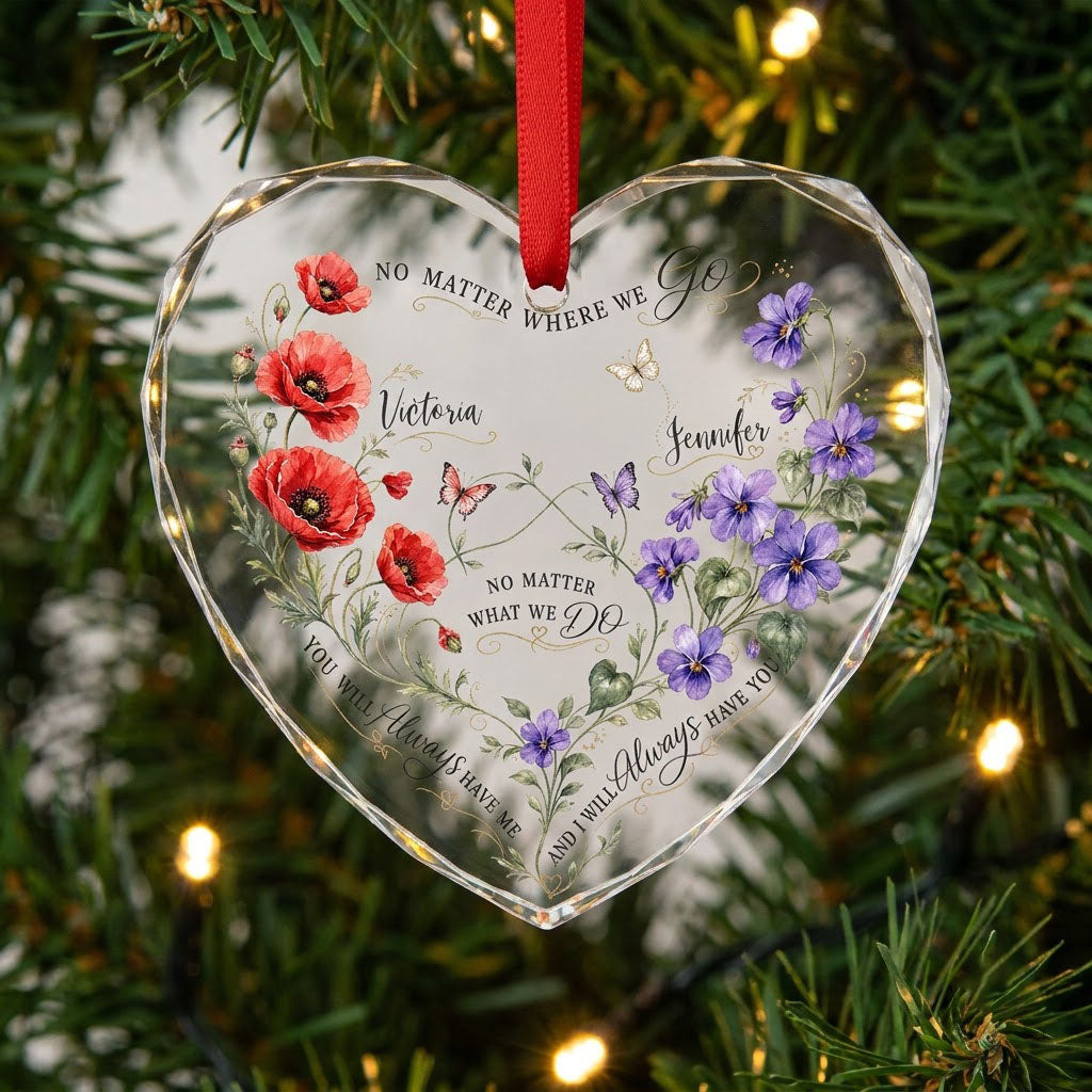 Faceted heart glass ornament with red poppies, purple violets, three butterflies, and two personalized names.