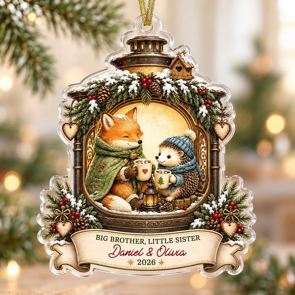 Acrylic ornament with lantern frame, fox and hedgehog with cocoa, 'BIG BROTHER, LITTLE SISTER', and names with year.