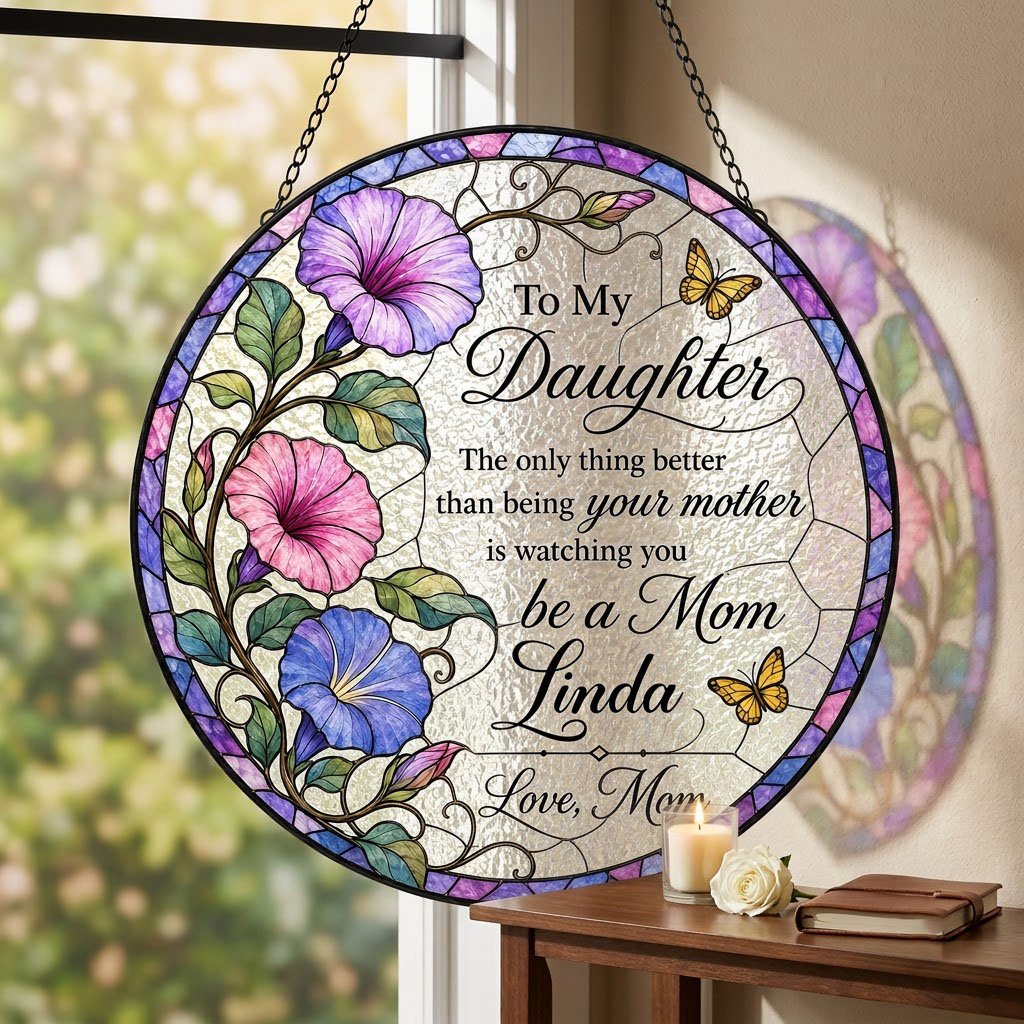 Stained glass–style round suncatcher with three morning glories, two yellow butterflies, and a purple-blue mosaic border