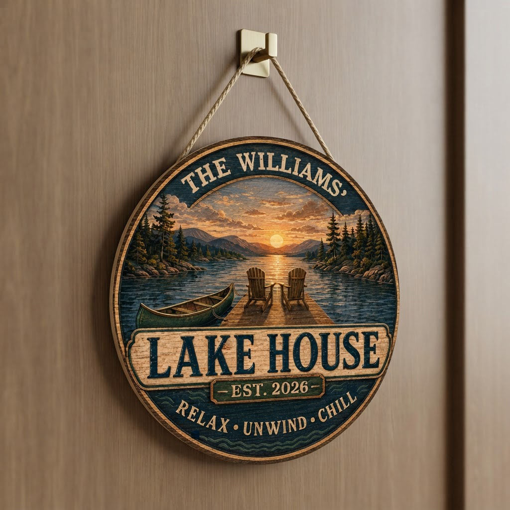 Round wooden sign with lake sunset, two Adirondack chairs on a dock, green canoe, and navy border with wave motifs.